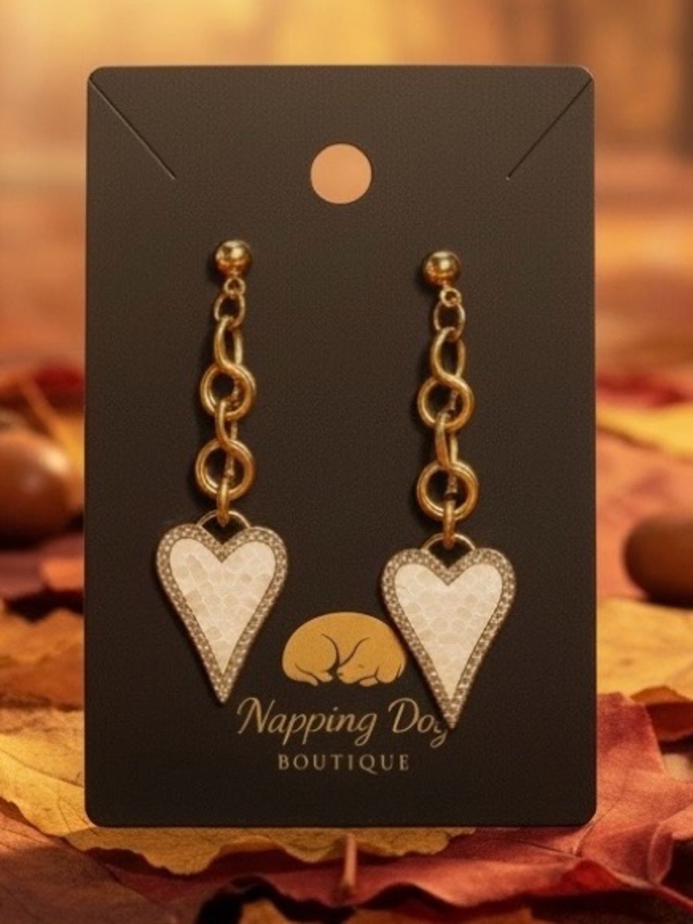 Hand-Wired Gold-Tone Heart Dangle Earrings – Cream Textured Statement Earrings